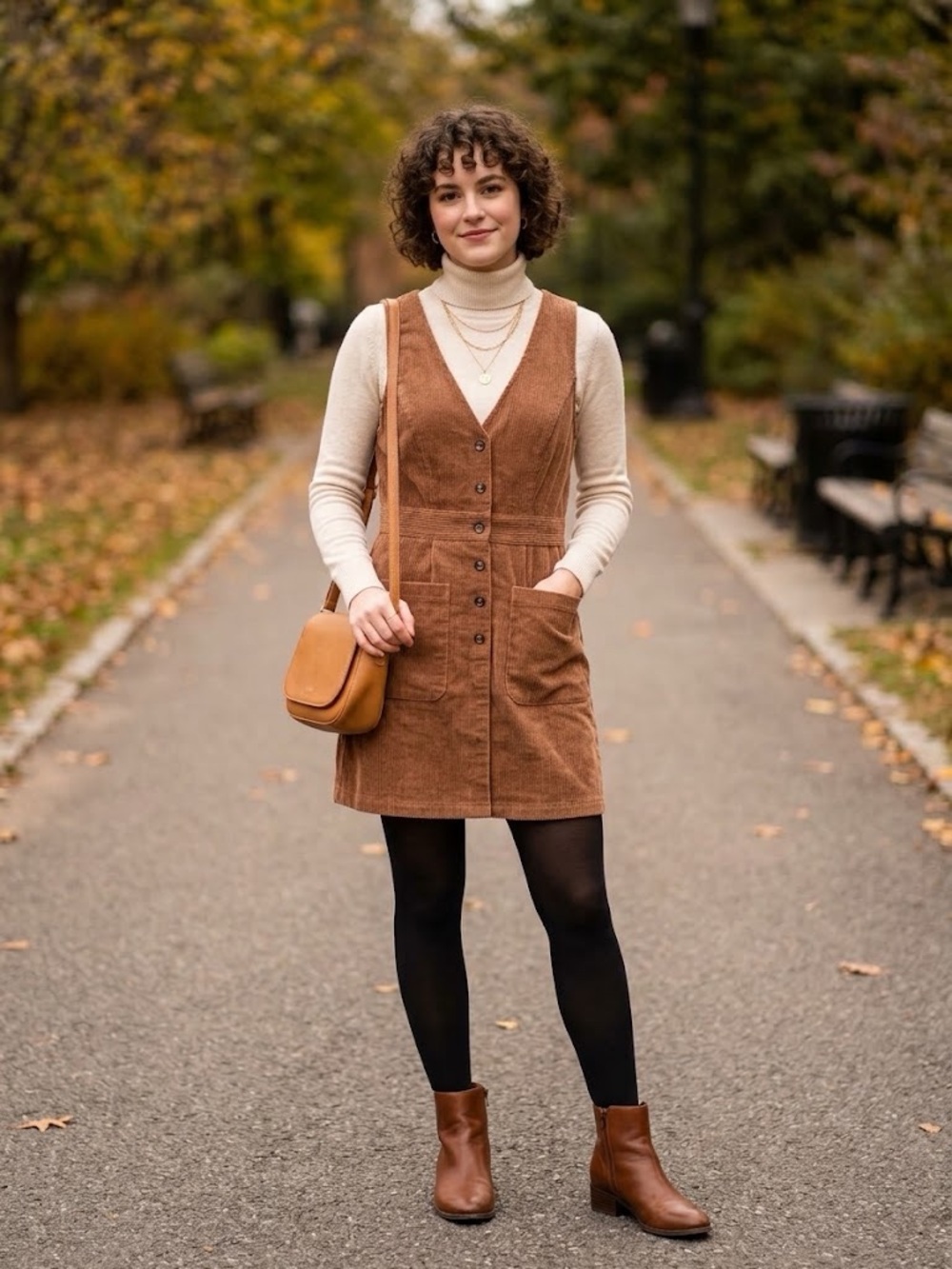 SHEIN Petite L Brown Corduroy Sleeveless V-Neck Button Front Pinafore Dress